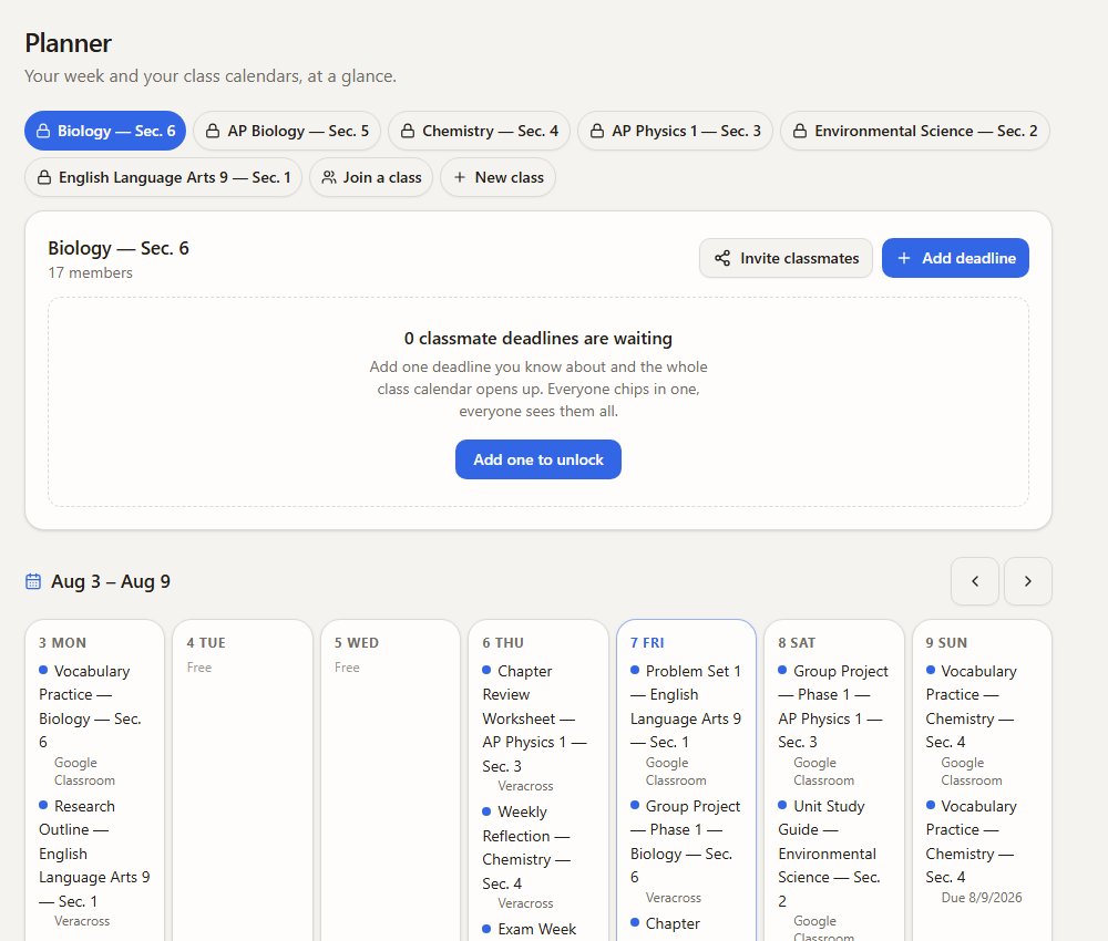El calendario de la clase con las entregas compartidas de la semana