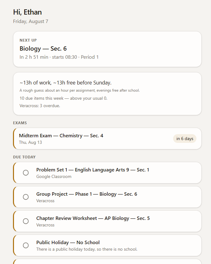La página diaria de StudyBot, con las clases de hoy y las dos cosas que hay que entregar primero